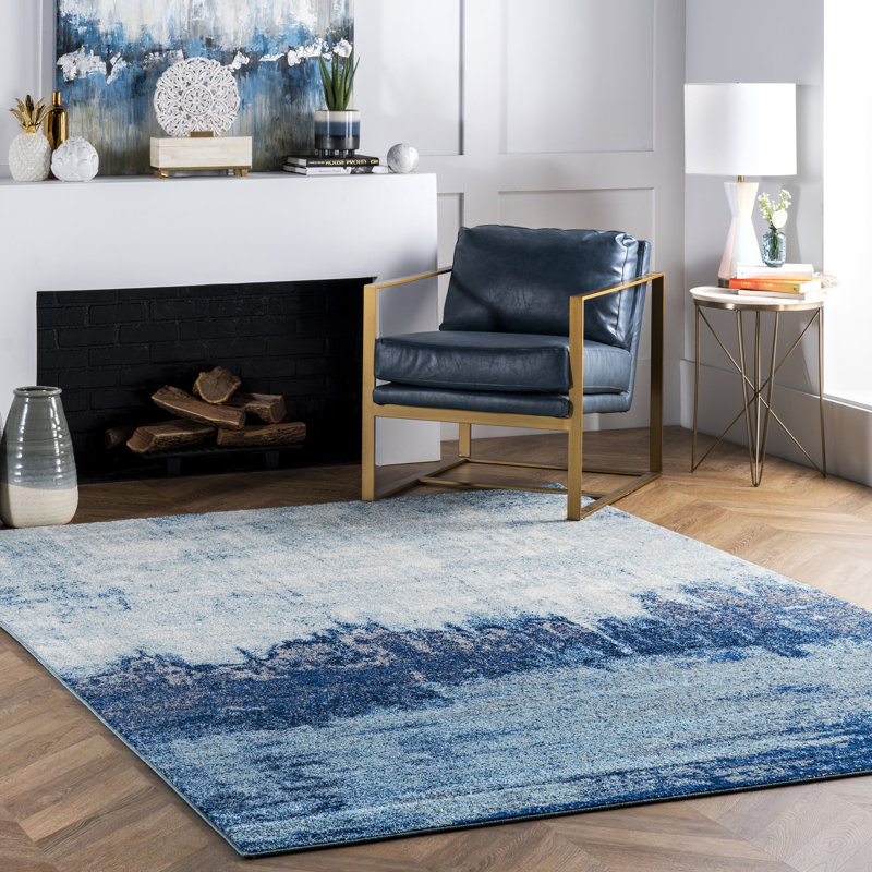 Tapis de couloir à motif abstrait pour le salon, la chambre à coucher, la salle à manger, le vestibule, le couloir ou la cuisine Gleno, bleu / ivoire