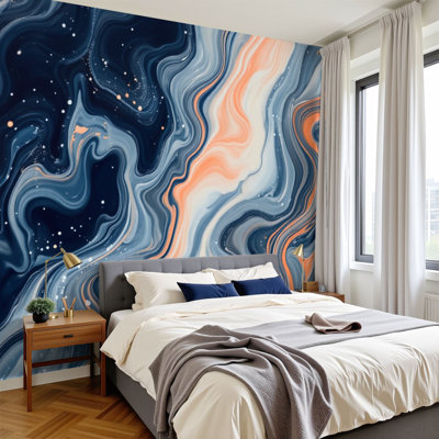 Papier peint adhésif à vagues abstraites, vagues fluides, bleu, orange, blanc, H 100 po x l 144 po, papier mural amovible en PVC, adhésif pour décoration de chambre à coucher, bureau à domicile