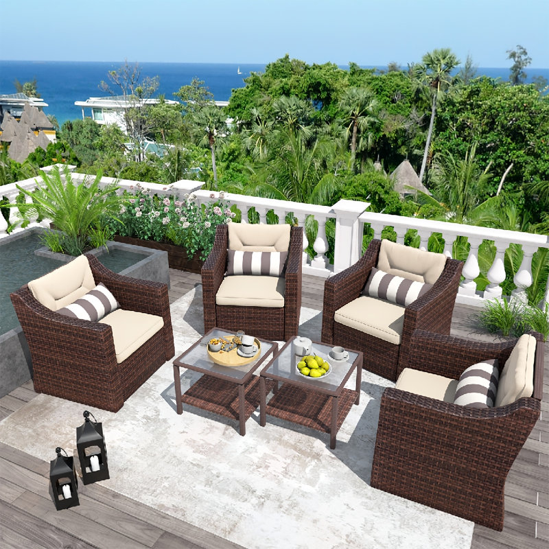 Outdoor Patio Furniture Set, 6 Piece Patio Conversation Set Outdoor Furniture Set, 4 Rattan Lounge Chair With 2 Coffee Table & Cushions For Garden, Patio, Balcony, Deck(Brown)