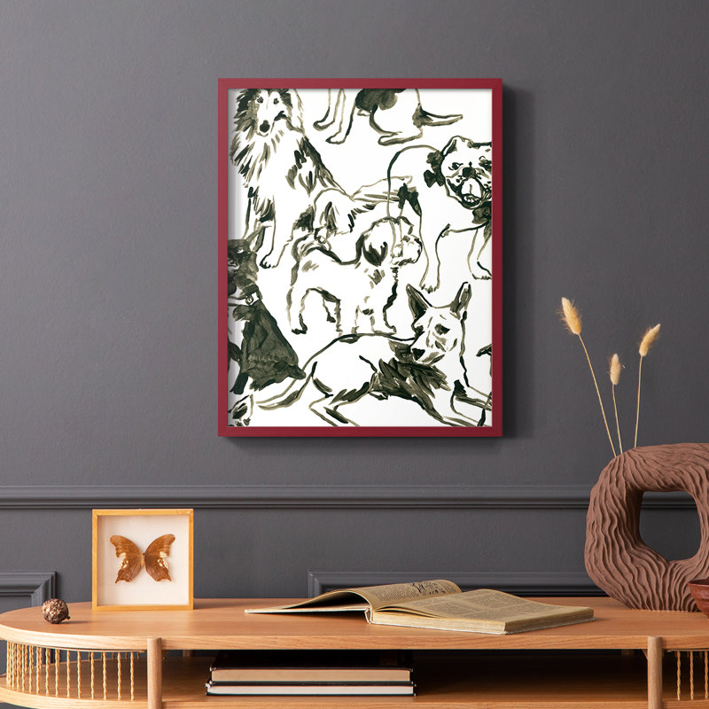«Canine Collage I», reproduction encadrée - bois massif, Cadre simple rouge, H 10 po x l 8 po