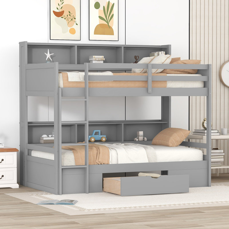 Lit superposé simple au-dessus de simple avec tiroirs Jeania Kids, Gris