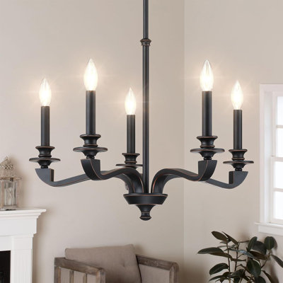Modern Black Chandelier With Gold Accents, 5-Light Farmhouse Candle Style Fixture For Dining Room, Kitchen, Hallway, E12 Base