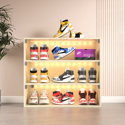 Armoire à chaussures avec éclairage à DEL et panneaux de verre intégrés - 3 niveaux, en bois manufacturé, peut contenir jusqu'à 9 espadrilles