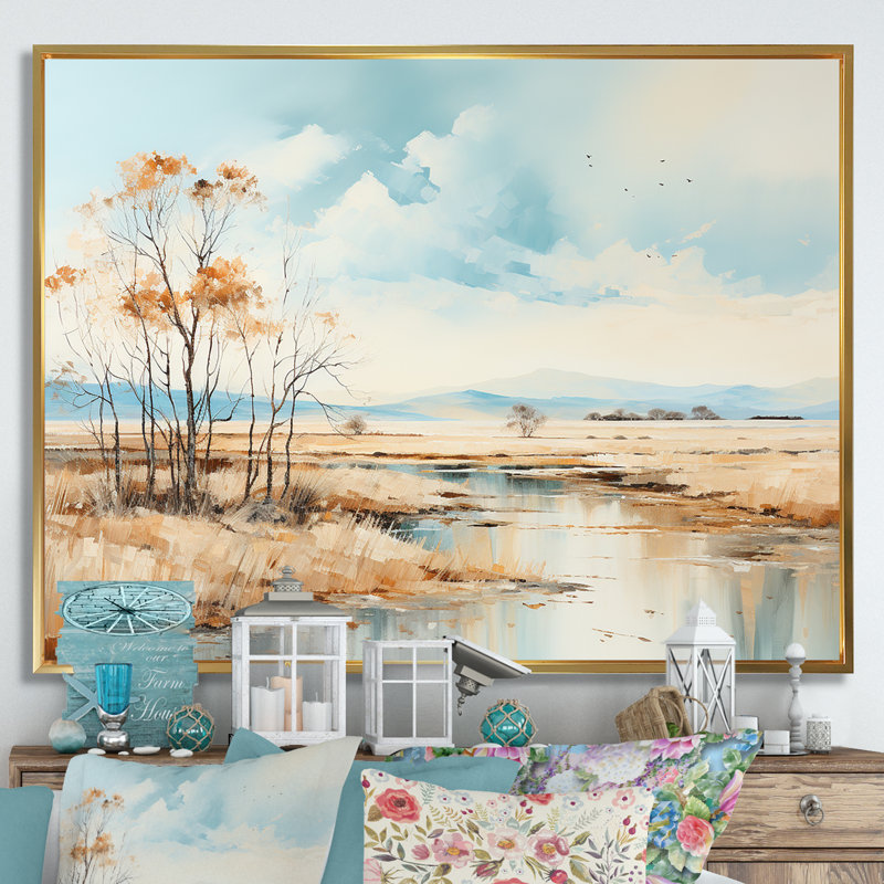 Beige Scerene Meadow Stream Harmony sur toile, Cadre flottant doré, H 12 po x l 20 po x P 1 po