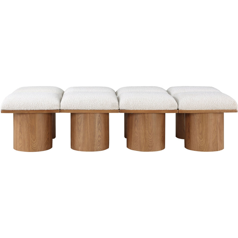 Banc rembourré Horatia, Tissu crème bouclé, Noyer brun, H 17,5 po x l 72 po x P 31 po
