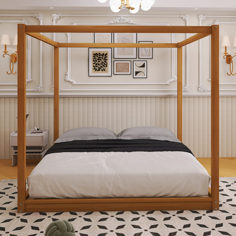 Wood Frame Canopy Platform Bed With Support Legs, Queen, Natural