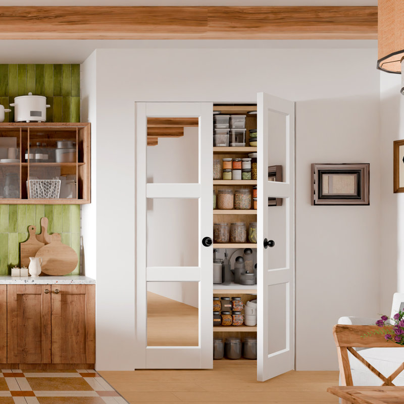 Portes intérieures intérieures de garde-manger - 3 portes en miroir à surface standard en pin massif préfini avec poignée (sans cadre) (ensemble de 2)