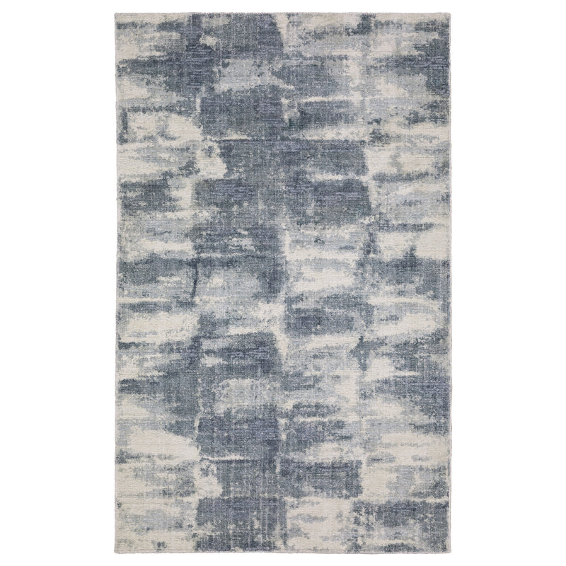 Michalski Textural Distressed Abstract Blue/ Ivory Hand-made Area Rug, Rectangle 5'12" x 8'12"