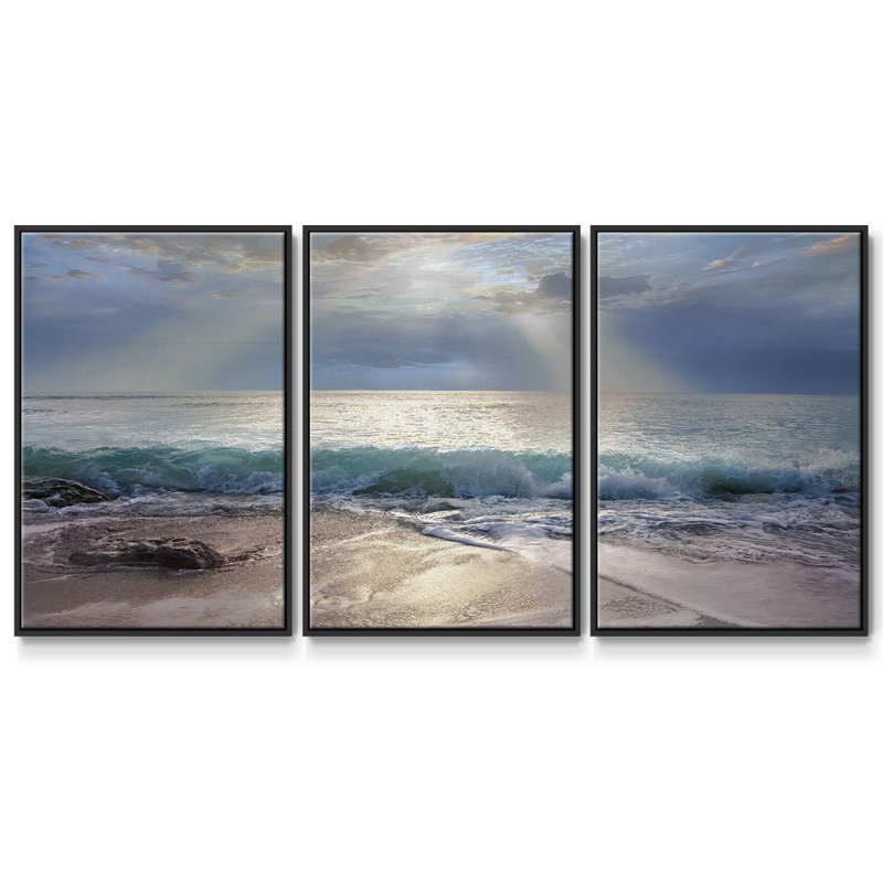«Aqua Blue Morning», peinture sur toile 3 pièces, H 36 po x l 75 po, Cadre noir