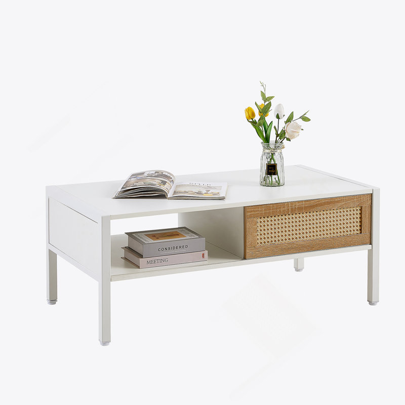 Rattan Coffee Table, Sliding Door For Storage, Metal Legs For Living Room, White, White