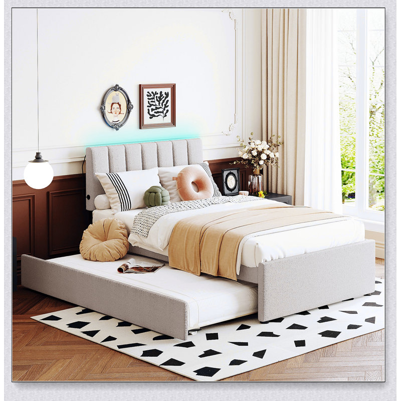 Teddy Fleece Twin Size Upholstered Platform Bed With Trundle,76"L x 41.3"W x 40.2"H, Beige