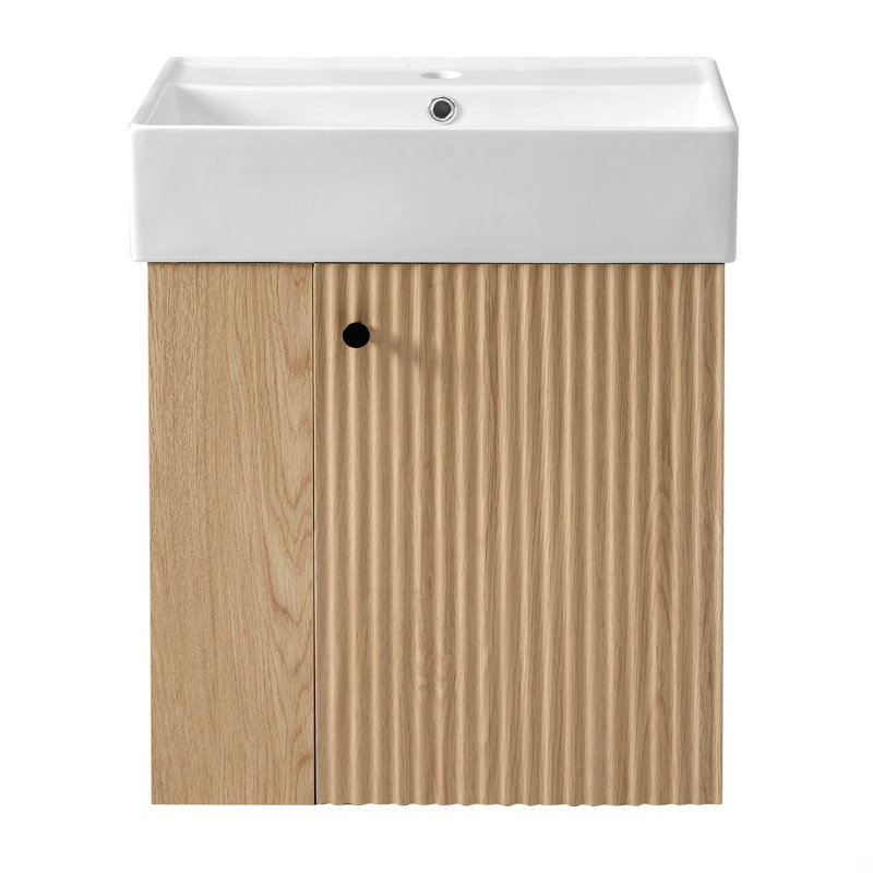 Meuble-lavabo flottant avec lavabo en céramique, Brun, Noir