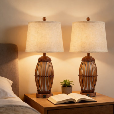 Ensemble de 2 lampes de table en bambou tissé rétro avec veilleuse et ports USB A + C, lampes de chevet en rotin de ferme pour chambre à coucher, salon ou bureau, ampoules incluses