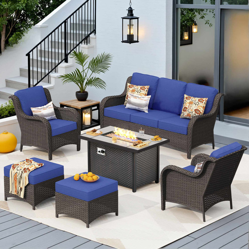Ensemble de terrasse pour 7 personnes avec coussins et foyer d'extérieur, ensemble de patio en osier toutes saisons, Marine