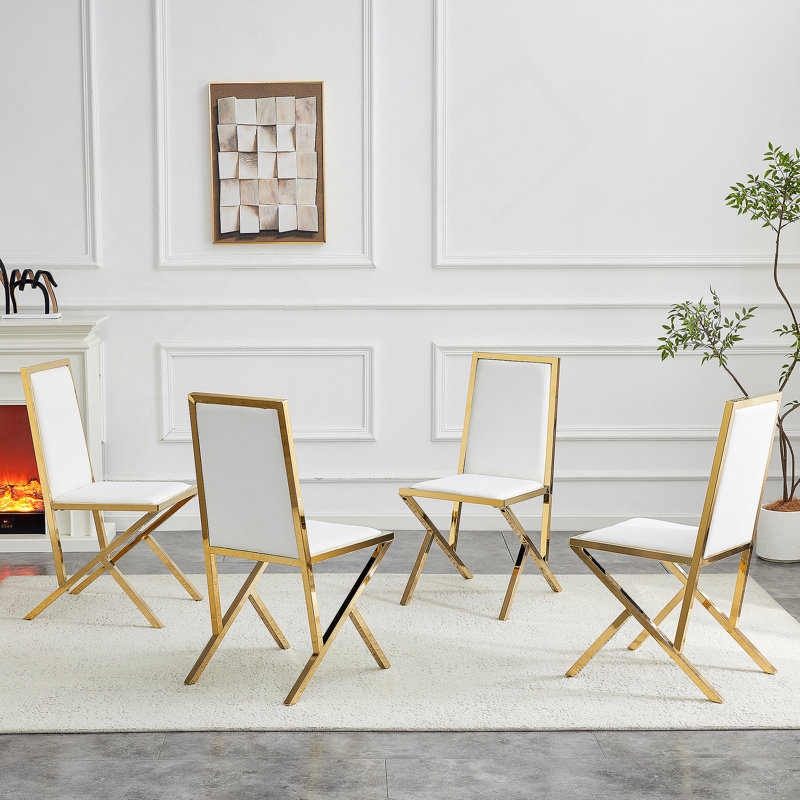 Ensemble de 4 chaises de salle à manger en polyuréthane à structure ergonomique et luxueuse, 4, Doré, Blanc