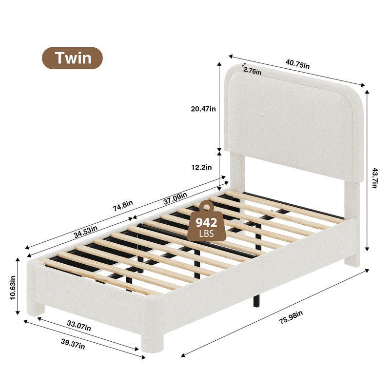 Ensemble de lit tapissier en tissu Celyn White Boucle Teddy, Lit simple