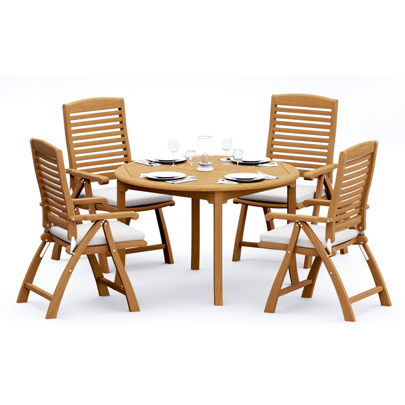 3 Seats 4 Pcs Grade-A Teak Wood Dining Set: 52" Round Table And 3 Ashely Folding Reclining Arm Chairs #11AS1103, 4