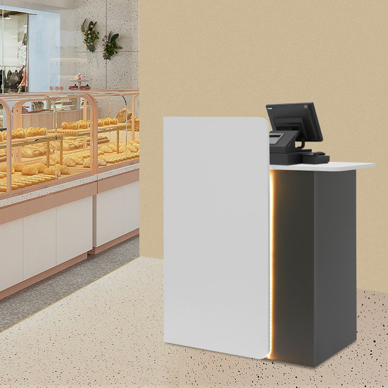 Bureau d'accueil moderne avec port USB et bande DEL, supportant une charge de 200 kg, idéal pour les bureaux, les salons de coiffure et les magasins.