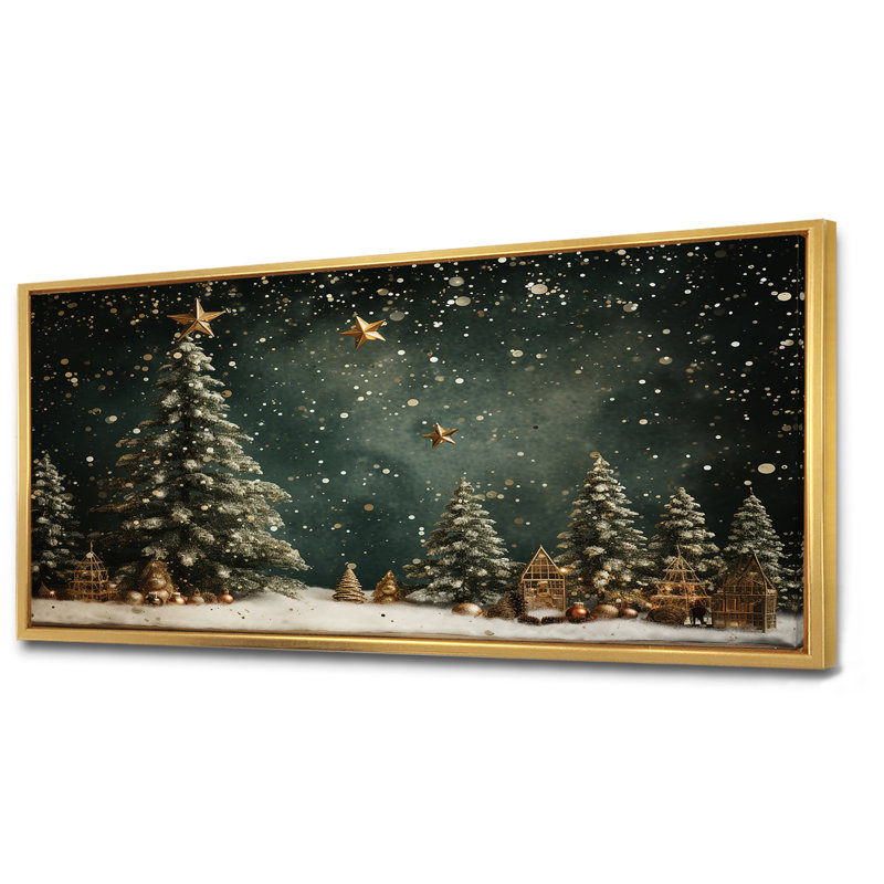 Décoration de sapin vert de Noël - Art mural sur toile de pin, Doré, H 28 po x l 60 po, Reproduction avec cadre flottant