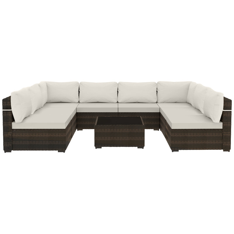 9-piece wicker patio conversation sets with cushions, Ivory White