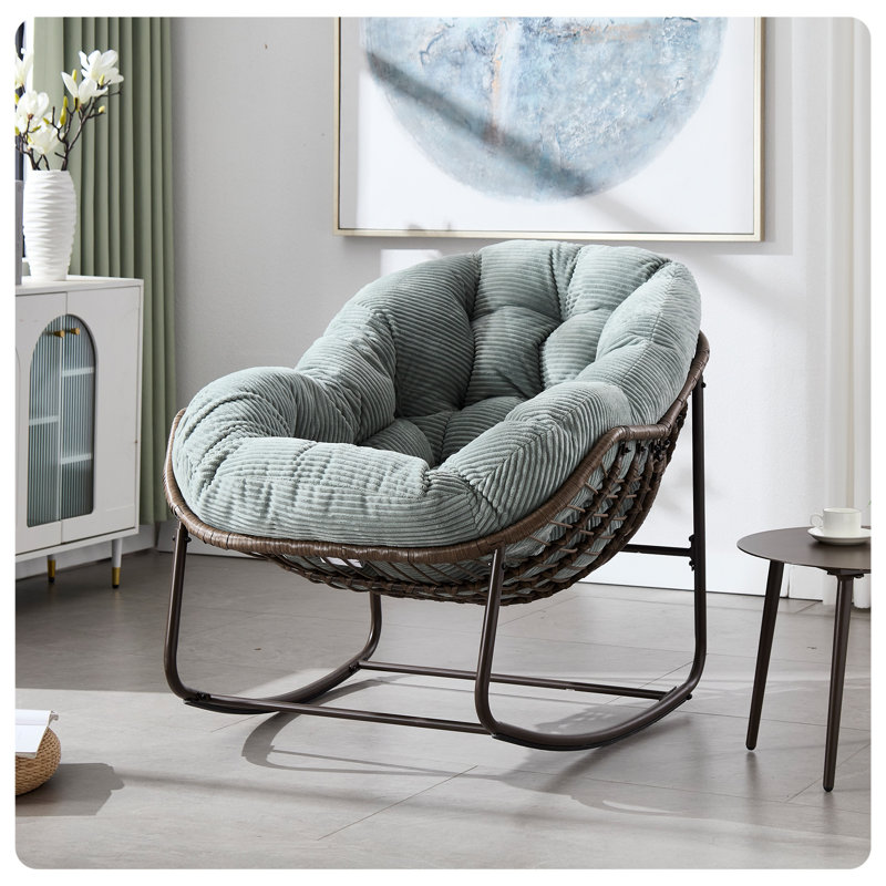 Chaise berçante intérieure et extérieure surdimensionnée en osier avec structure en métal et coussin moelleux, Oléfine grise