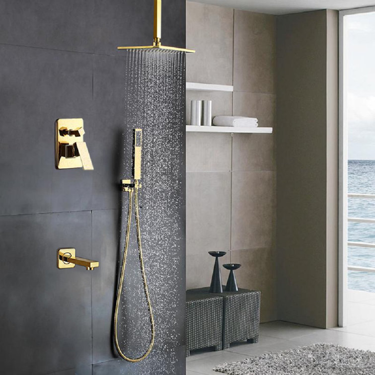 L'Aquila Brass Gold Tone Ceiling Mount Shower Set with 3 Way Valve Mixer and Tub Spout
