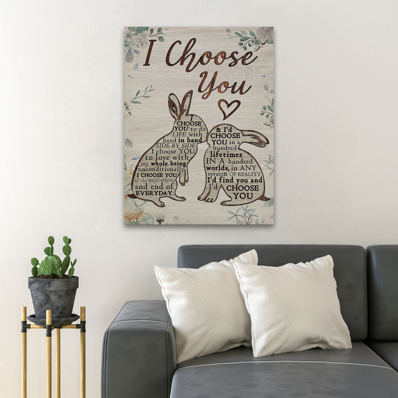Couple de lapins qui s'embrassent - Je te choisis - 1 pièce, impression d'art graphique rectangulaire sur toile tendue