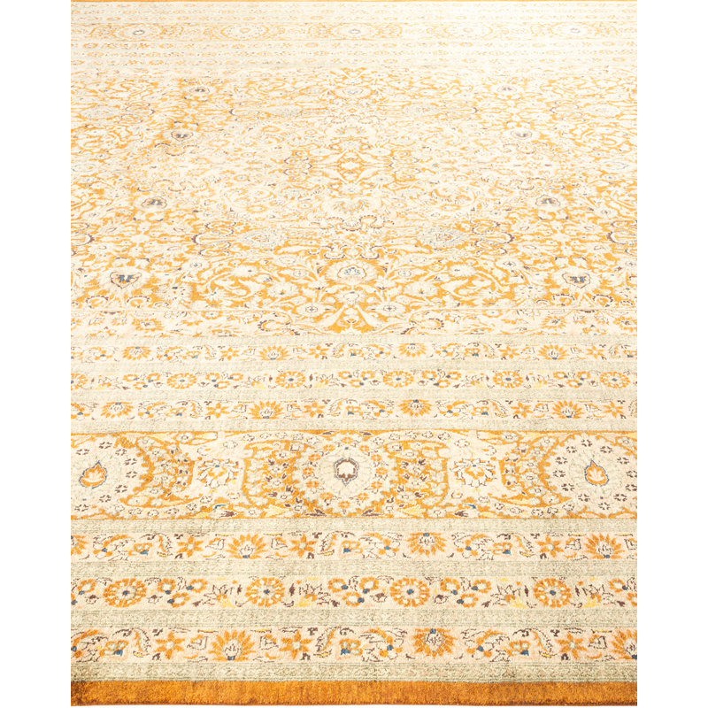 Tapis brun / beige noué à la main de conception unique 9 pi 7 po x 18 pi 5 po Mogul