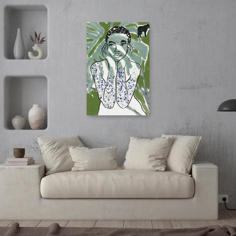 Pensive Jungle Woman Abstract Cat Forest Landscape Wall Art Print 1 Piece Wrapped Canvas Wall Art, 91.44cm H x 60.96cm W