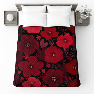 Red Floral Pattern Quilted Bedspread All Sizes