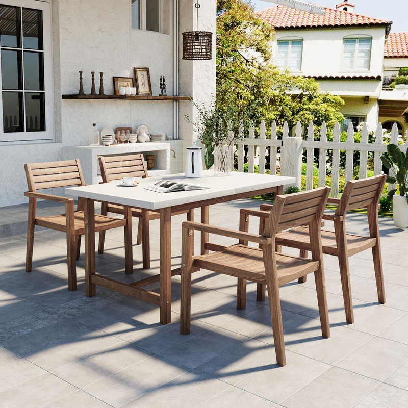 Ensemble de salle à manger d'extérieur 5 pièces, table rectangulaire avec trou pour parasol et quatre chaises, Gris clair