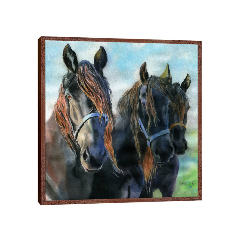 Three Friesians by Rachel Parker - Painting on Canvas, 66.04 cm H x 66.04 cm W, Classic Brown Wood Framed