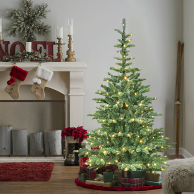 Arbre de Noël 6 pi, 300 blanc chaud, 611 pointes Pe +, aspect en couches naturelles, base en bois unique pour arbre de décoration festive avec extrémités de branches, support rustique