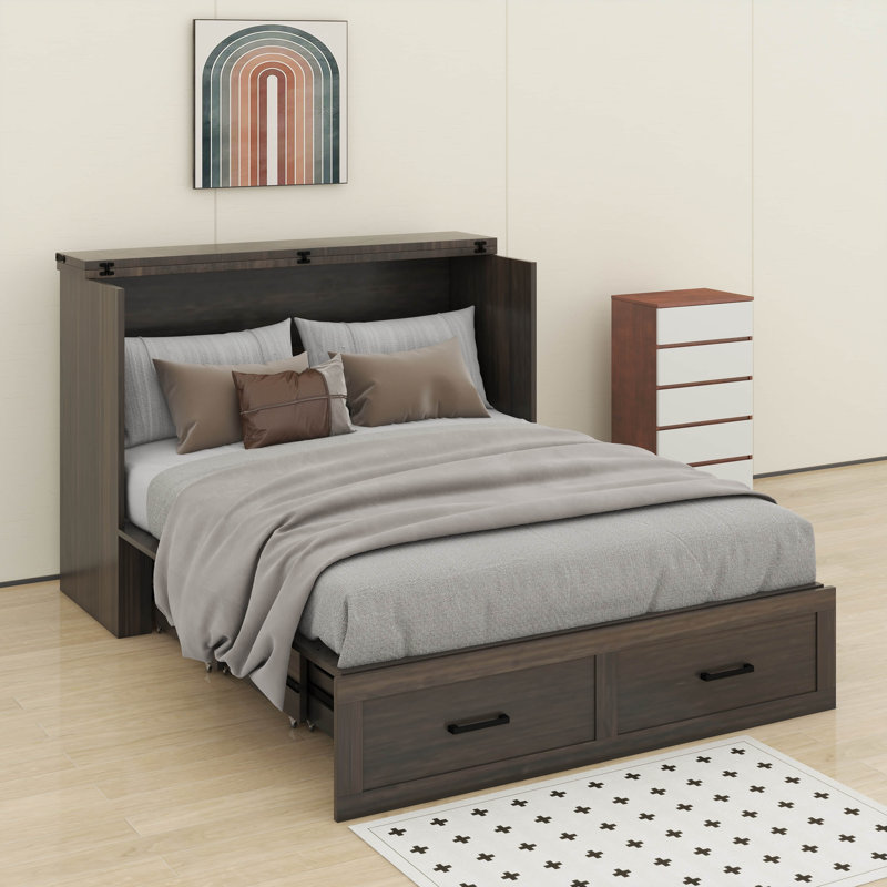 Grand lit escamotable, lit pliable avec station de charge et tiroir de rangement, armoire de lit plateforme Farmhouse