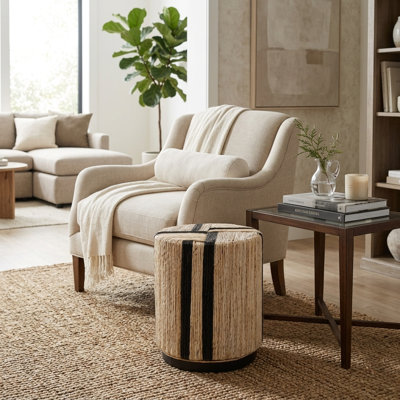 Striped Round Woven Banana Fiber Foot Stool for Living Room - Modern Seating with Backless Accent for Vanity Home Decor - 18" Brown & Black
