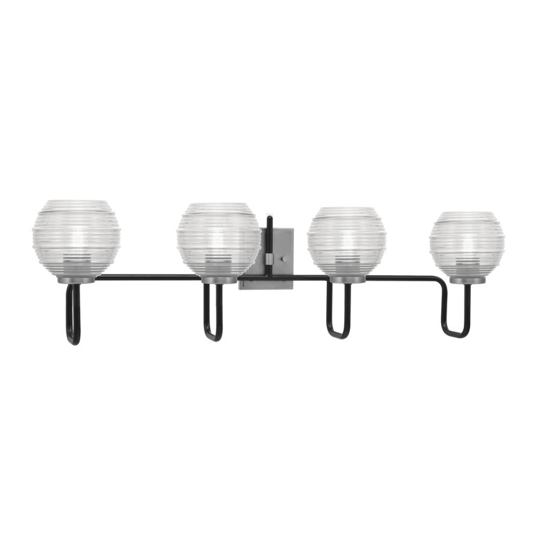 Barre d'éclairage de salle de bain 4 lumières Amarmula, noir mat et finition graphite, verre fumée 6 po, Transparent/noir