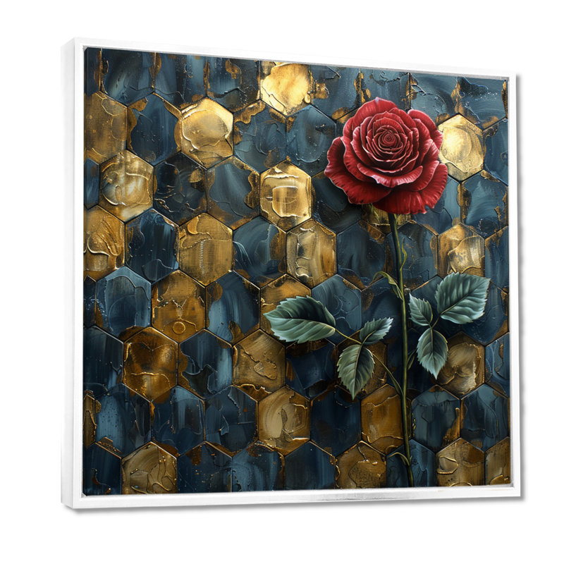 Rose rouge, hexagone doré, bleu, salon, art mural, H 30 po x l 30 po x P 1 po, Toile encadrée flottée blanche