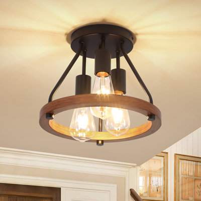 Obrien 3 - Light Farmhouse Metal And Wood Semi Flush Mount Ceiling Light Fixture For Dinning Room Living Room Bedroom Hallway Entryway Kitchen
