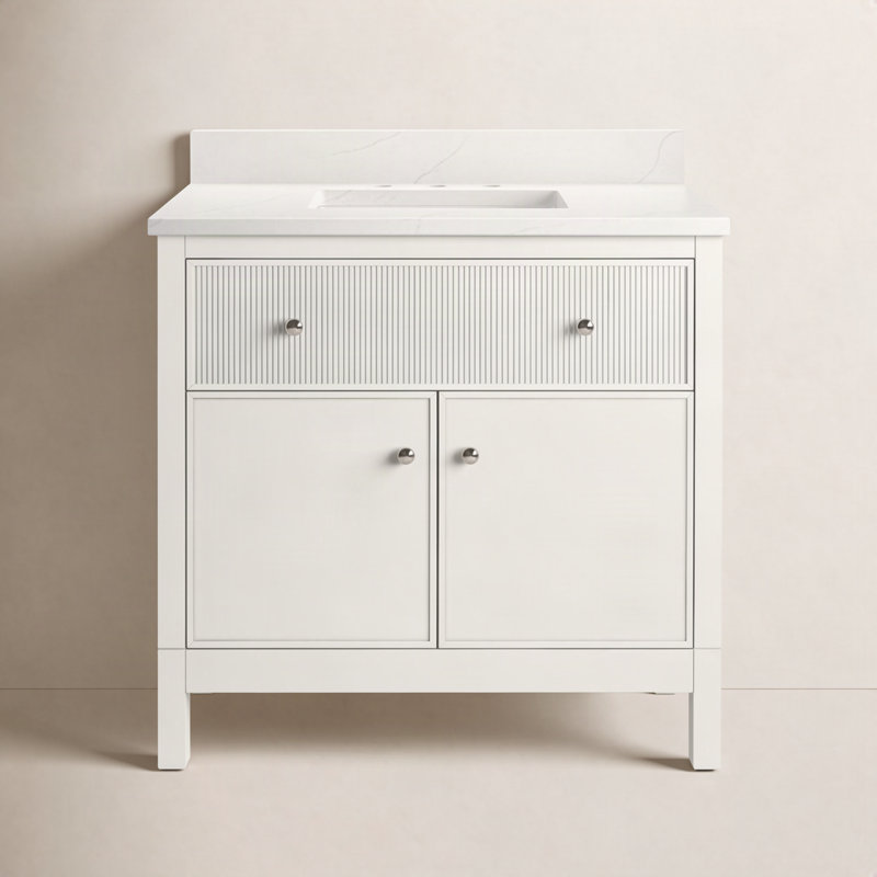 Meuble-lavabo avec lavabo et plateau en quartz Malin By Studio McGee, Blanc, Nickel poli, 36"