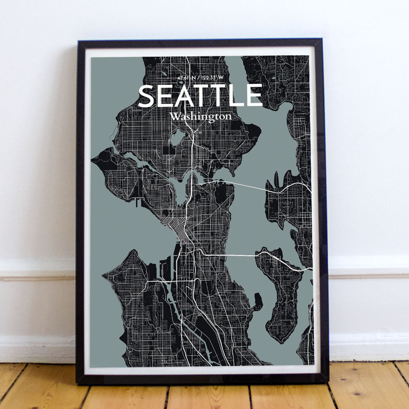 « seattle city map », reproduction d’impression sur affiche en minuit, H 36 po x l 24 po x P 0,05 po