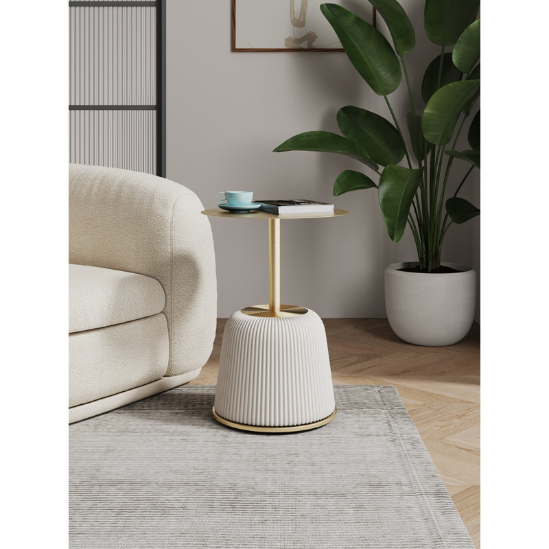 Anderson Modern Vegan Leather Upholstered End Table with Stainless Steel Top in Cream, Cream