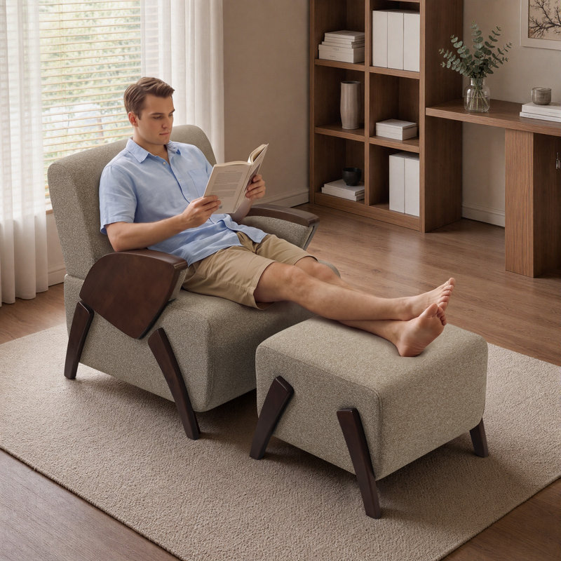 Fauteuil d'appoint moderne rembourré de 68,5 cm de large avec repose-pieds, structure en bois massif, Brown, Yes