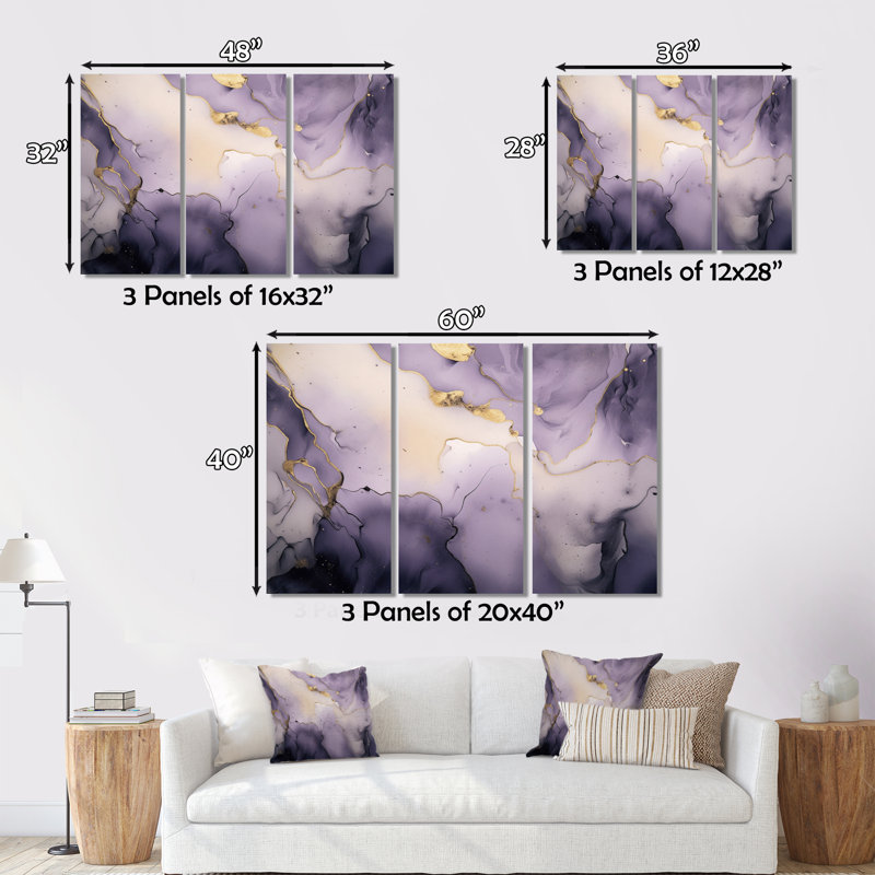 Mauve et gris, encre de marbre, nuages V, ensemble de reproductions sur toile, H 32 po x l 48 po x P 1 po