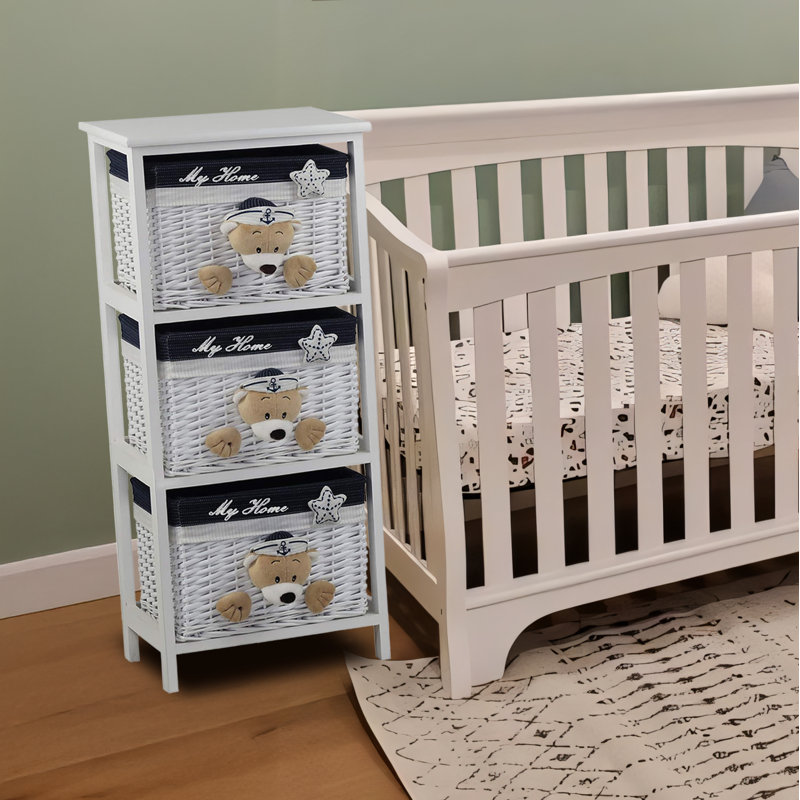3 Drawer Wooden Cabinet with Wicker Storage Baskets and Tan Teddy Bear Design for Home Organization