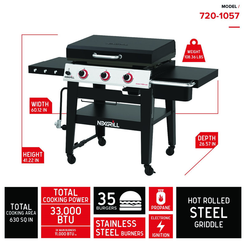 Barbecue au propane à 3 brûleurs 30 po Daytona Plaque chauffante plate noire