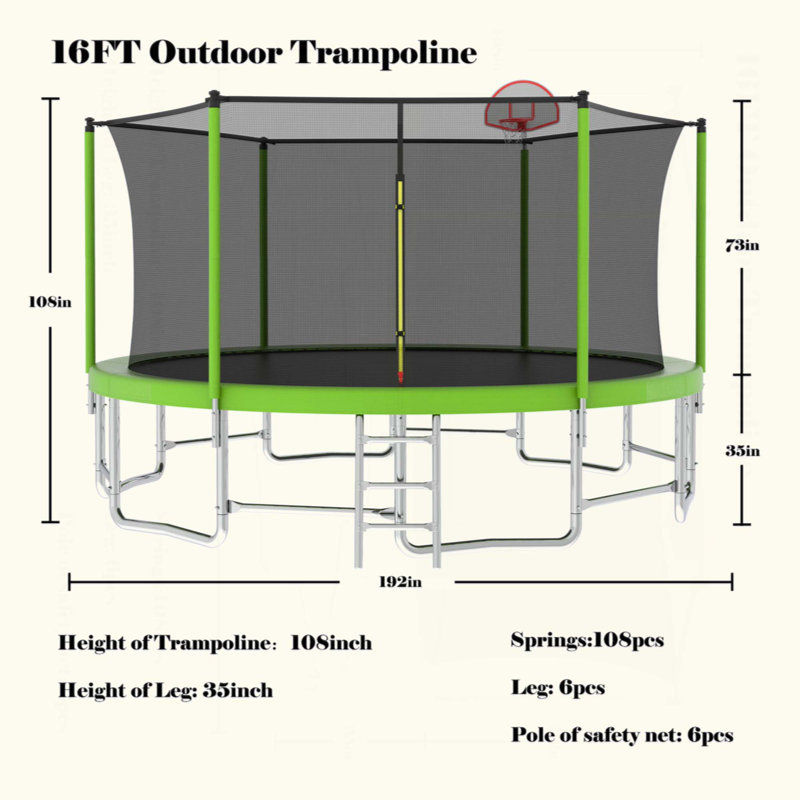 Trampoline 16FT avec barre d'équilibre et panier de basketball, trampoline d'extérieur renforcé de type ASTM avec filet d'enclos