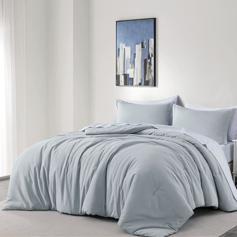 Cotton Twill Comforter, King Comforter + 2 King Shams, Silver Gray