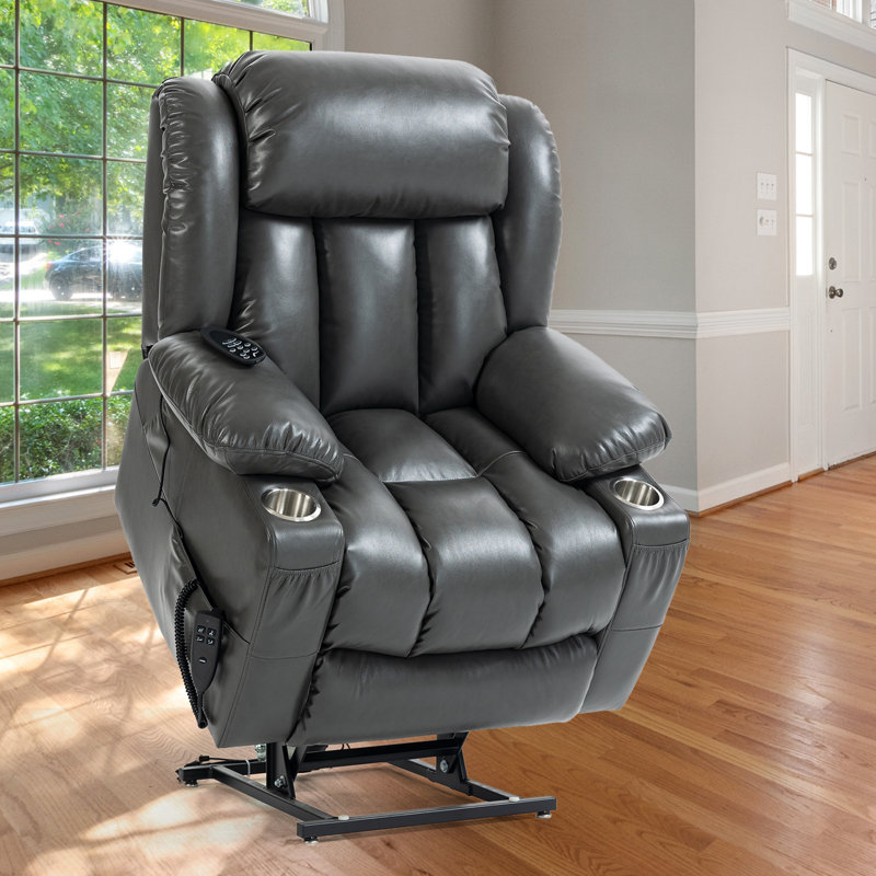 Harvey 38.1"W 180° Flat Lay Power Recliner, Massage Chair, Heater Lifting Chair, Light Gray Faux Leather