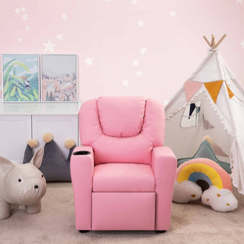 Roomy Kids' Recliner Chair with Cup Holder, Toddler Recliner With Push-Back Design, and Adjustable Footrest, Pink PVC