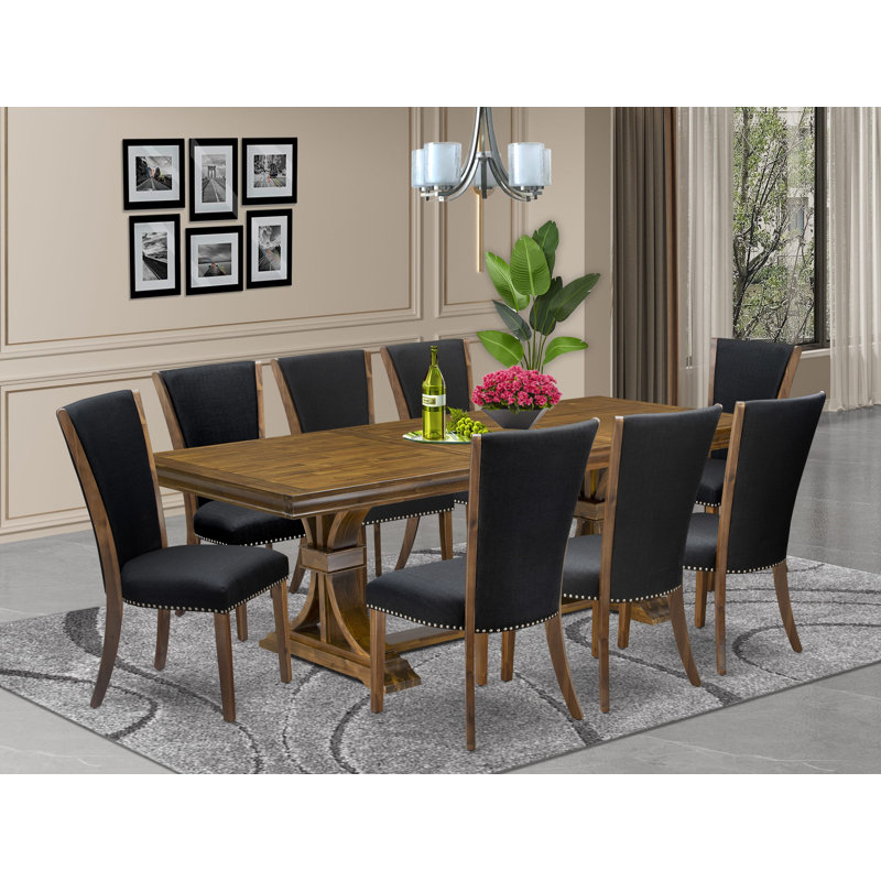 9-piece Dining Table Set includes a Dining Table and 8 Black Linen Fabric Dining room Chairs with Button tufted Back - Antique Walnut Finish